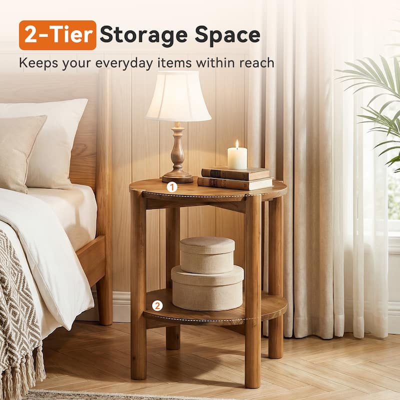 Solid Wood Round End Tables for Living Room, Farmhouse 2-tier Side Table - 19.69" D x 19.69" W x 23.62" H