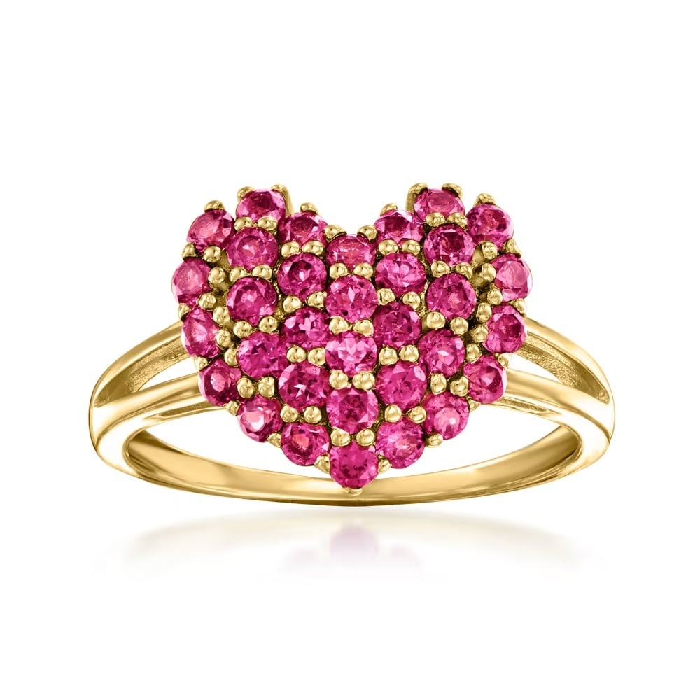 Pinctore Yellow Gold Over Sterling Silver Rhodolite Garnet Gemstone Heart Shape Rings