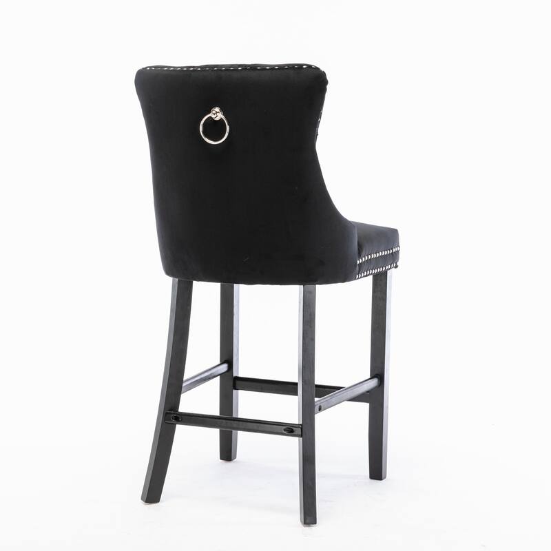 Contemporary Velvet Barstools Set of 2 with Button Tufting, Wood Legs & Chrome Nailhead Trim - Leisure Style Bar Chairs, Black