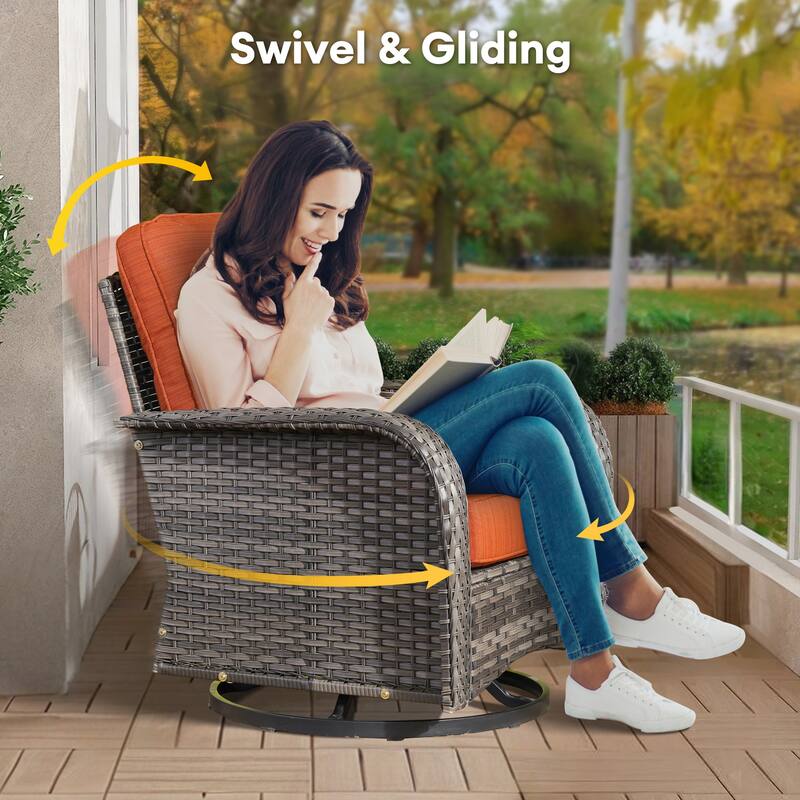HOOOWOOO 3-piece Grey Wicker Patio Swivel Rocking Chair Set