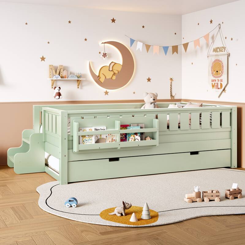 Full/Twin Loft Bed with Bookshelves, Safety Stairs & Trundle