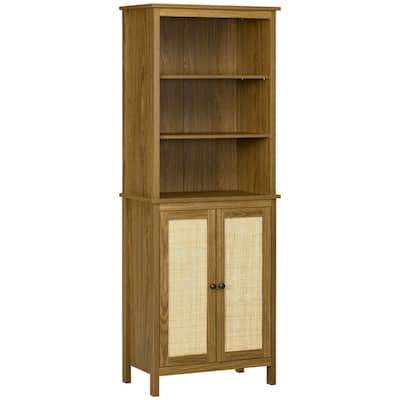 Multi Functional,Bookcase with Cabinet and Open Shelves,Tall Bookshelf,Wooden Bookshelf Features Handcrafted Rattan Door