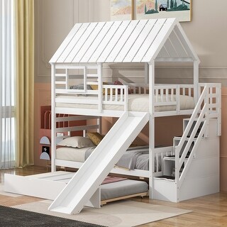 Bunk beds with rollers and slides, storage stairs, roof and window design