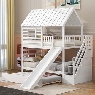 Twin over Twin House Bunk Bed with Trundle and Slide, Storage Staircase, Roof and Window Design, White