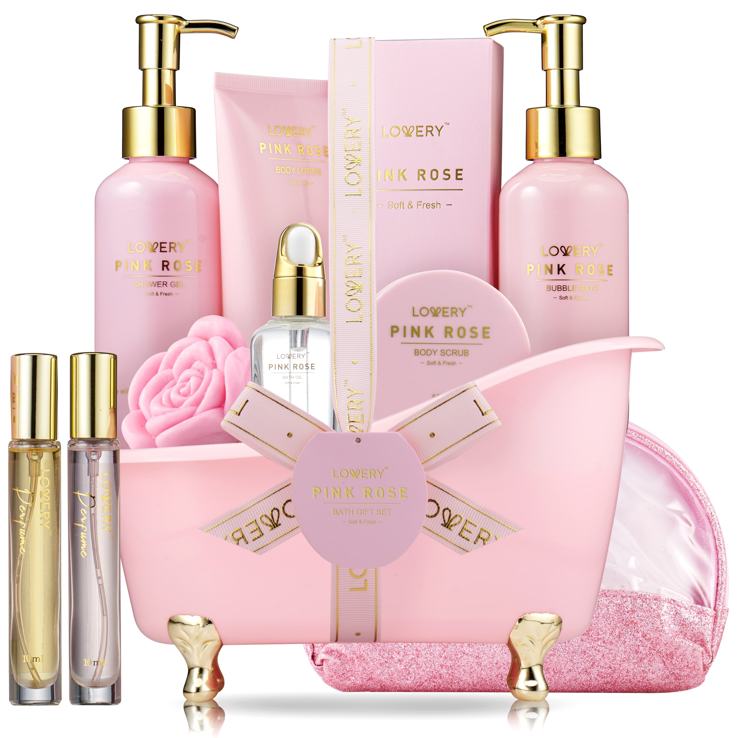 Luxury Spa Kit 18pc Pink Rose Relaxing Basket with Perfumes Gua