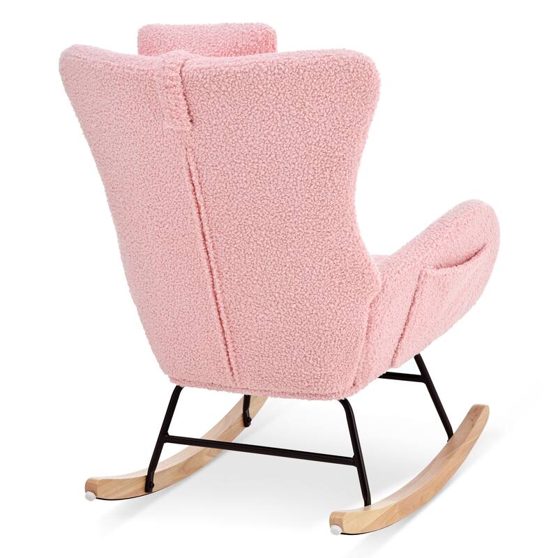 Teddy Upholstered Rocking Chair with High Back, Adjustable Headrest, Side Pocket, Modern Glider Chair for Nursery & Living Room