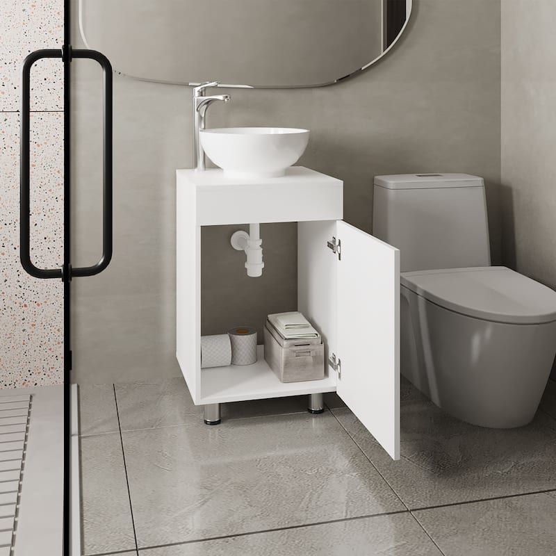 18" Wide Free Standing One Door Vanity, With Vessel Porcelain Sink, Bathroom Storage,White
