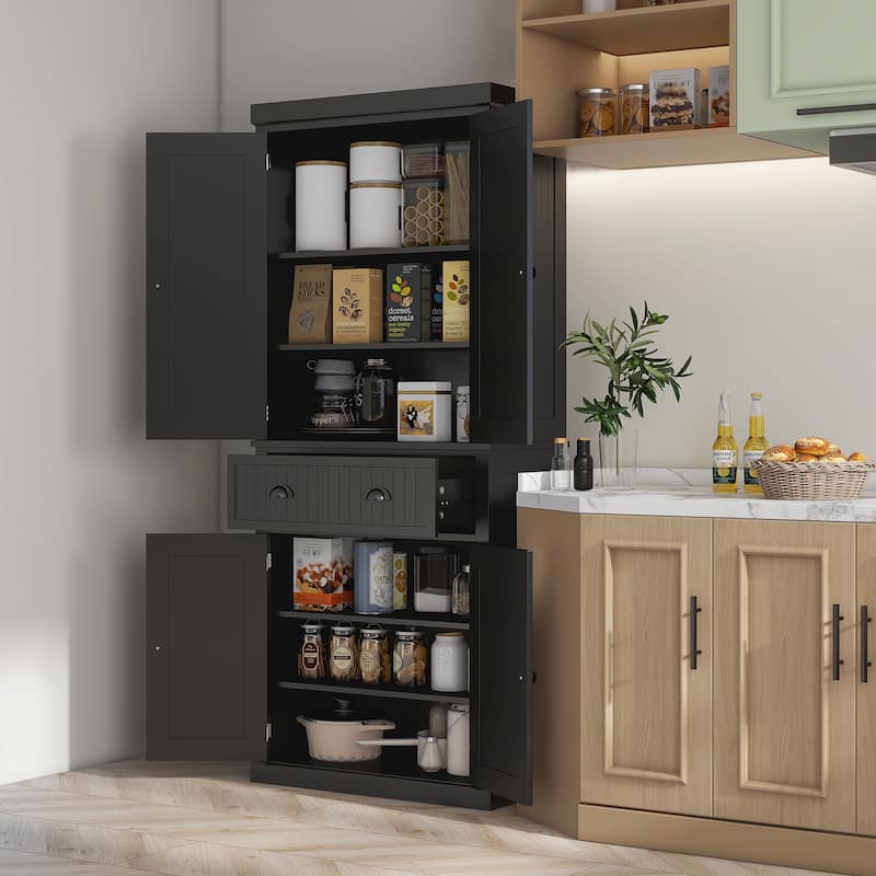 72" Kitchen Pantry, Tall Storage Cabinet, Freestanding Cupboard with Drawer, Doors and Adjustable Shelves, Black - Black