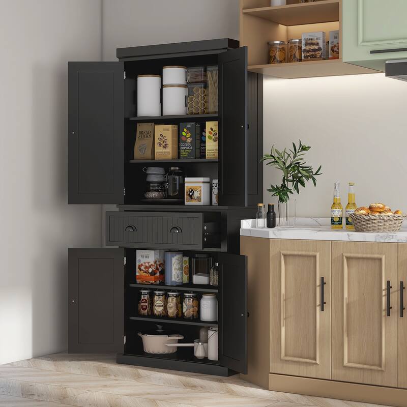 Kitchen Pantry Cabinet with 2 Double Doors, Storage Cabinet with Adjustable Shelves, Cabinet with Large Drawer