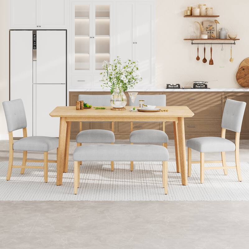6 Piece Dining Room Table Set, Rustic Farmhouse Dining Room Rectangular Table with 4 Upholstered Chairs and Bench, Solid