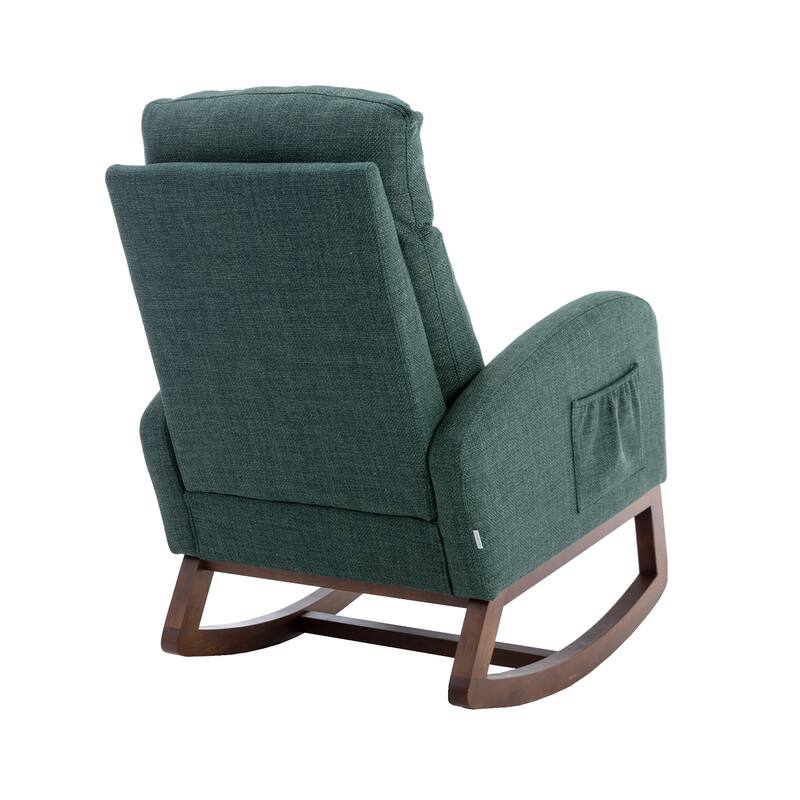 Linen High-Back Rocking Chair with Recliner Function, Side Pocket, and Solid Wood Legs