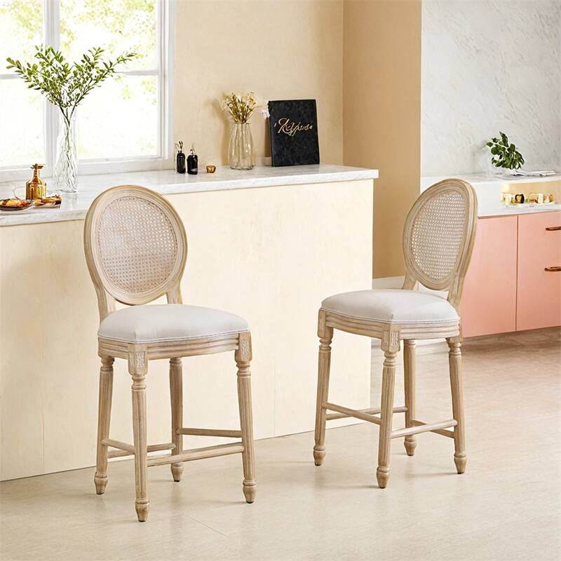 26'' Height Bar Chairs Set of 2,Upholstered Chairs w/Rattan Round Back
