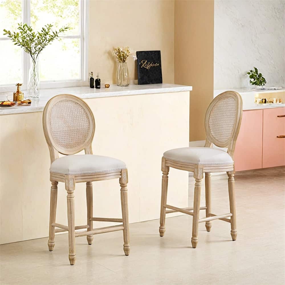 26'' Height Bar Chairs Set of 2,Upholstered Chairs w/Rattan Round Back