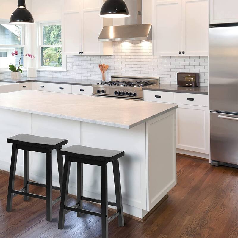 PJ Wood Classic Saddle-Seat 24" Tall Kitchen Counter Stools, Black, (Set of 2) - N/A