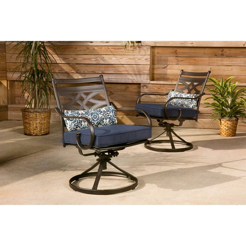 Hanover Montclair 7-Piece Dining Set in Navy Blue with 6 Swivel Rockers - N/A
