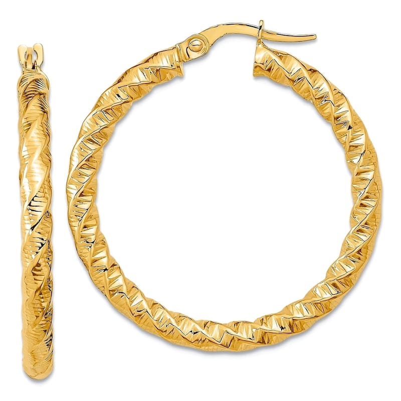Curata 14k Yellow or White Gold 3x31mm Textured Twisted Hoop Earrings - Yellow Gold