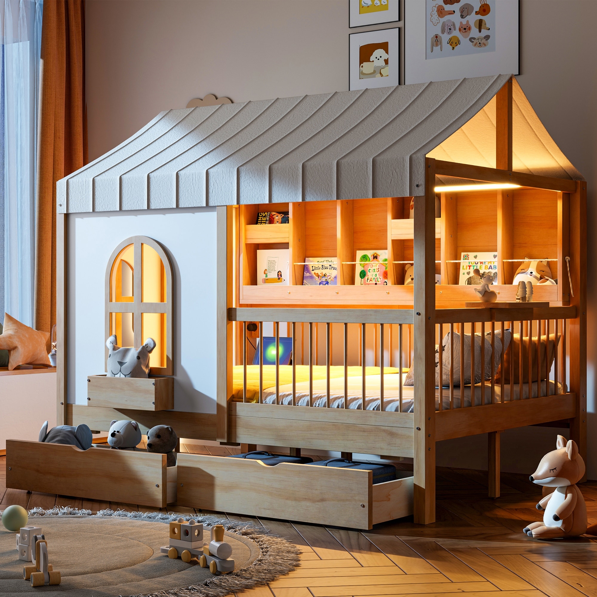 Full Size House Bed With Two Large Drawers And Side Bookshelf With LED Strip