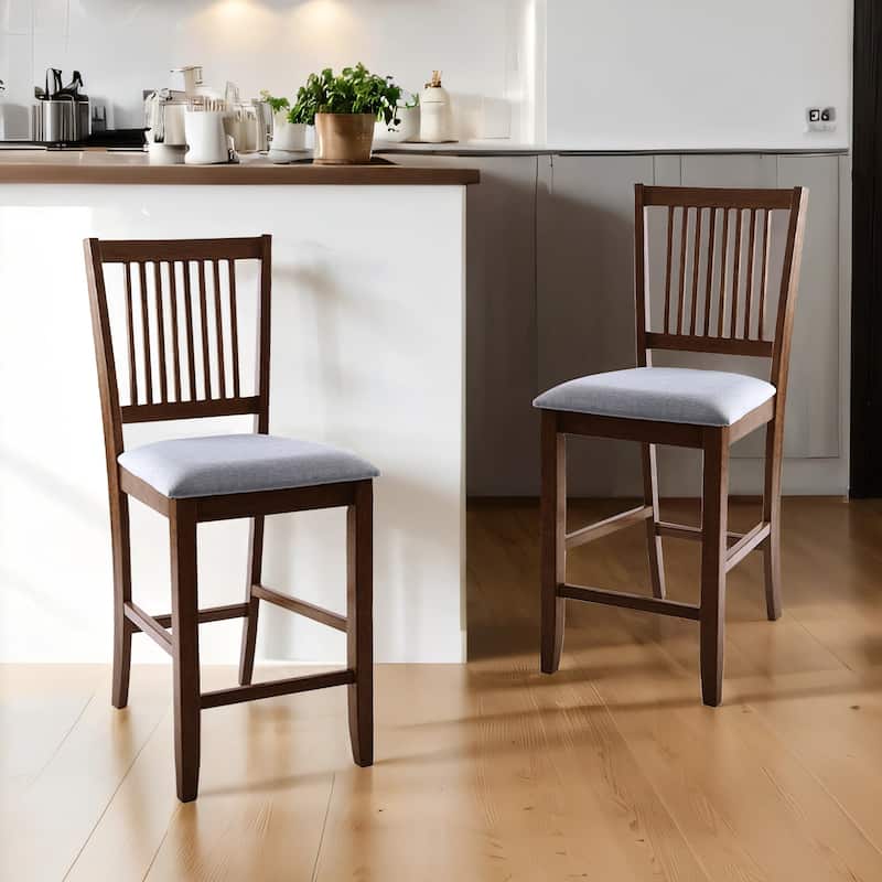 Farmhouse 24.8" Counter Height Chairs Slat Back Padded Wood Bar Stools - 21L×18W×35H - Set of 2 - Walnut