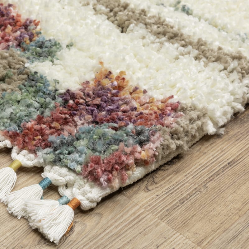 Style Haven Aire Abstract Stripe Ivory/ Multi Shag Tassel Fringe Area Rug.