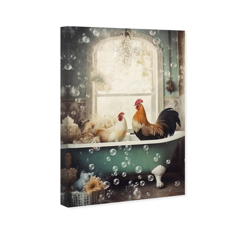 Wynwood Studio Canvas Animals Bubble Bath Coop White and Teal Traditional Wall Art Canvas Print - White, Blue