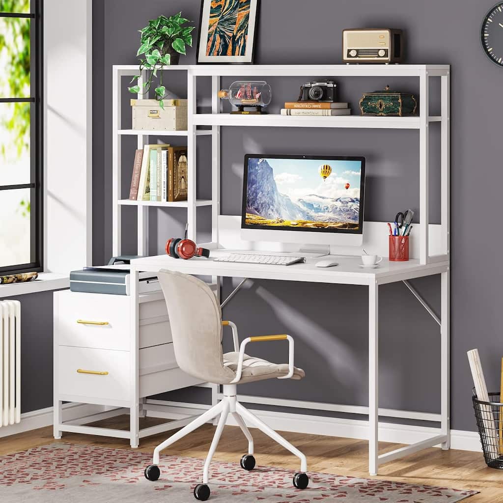 55" White Computer Desk with Hutch, 2 Drawers & Open Shelves
