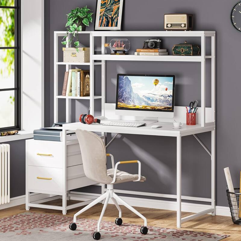 55" White Computer Desk with Hutch, 2 Drawers & Open Shelves
