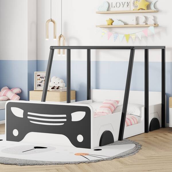 slide 2 of 5, Twin Pine Wood Car-Shaped Bed Floor Bed Frame w/Roof Wheels,Door,Black Black - Twin