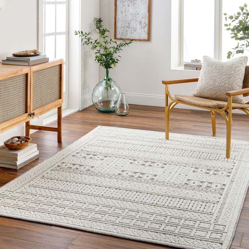 Livabliss Garrick Striped Border Machine Washable Area Rug - Grey/Cream - 7' 10" x 10' 1"