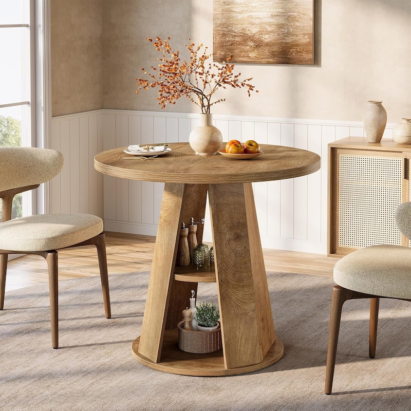 31.5" Small Round Wood Dining Kitchen Table for 2 with Storage Shelf - 31.5" W x 31.5" D x 29.5" H