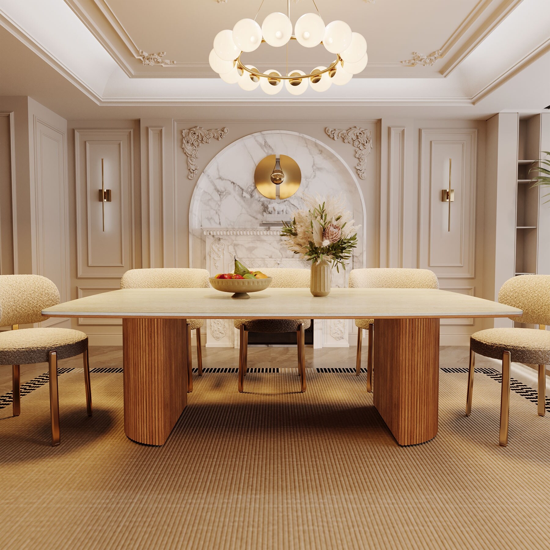 78.8-inch Large Dining Table with Travertine Slab Top for Kitchen