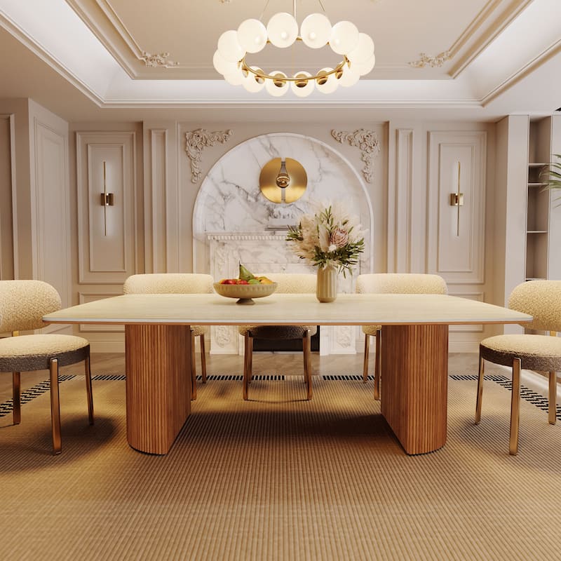 78.8-inch Large Dining Table with Travertine Slab Top for Kitchen Dining Room
