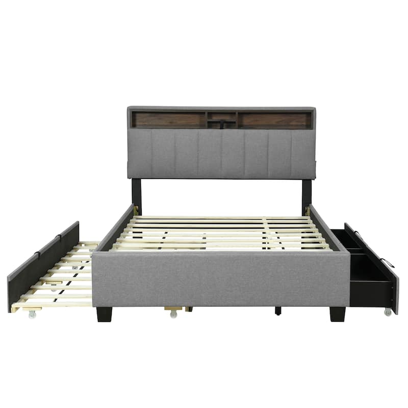 Upholstered Platform Bed with Storage Headboard