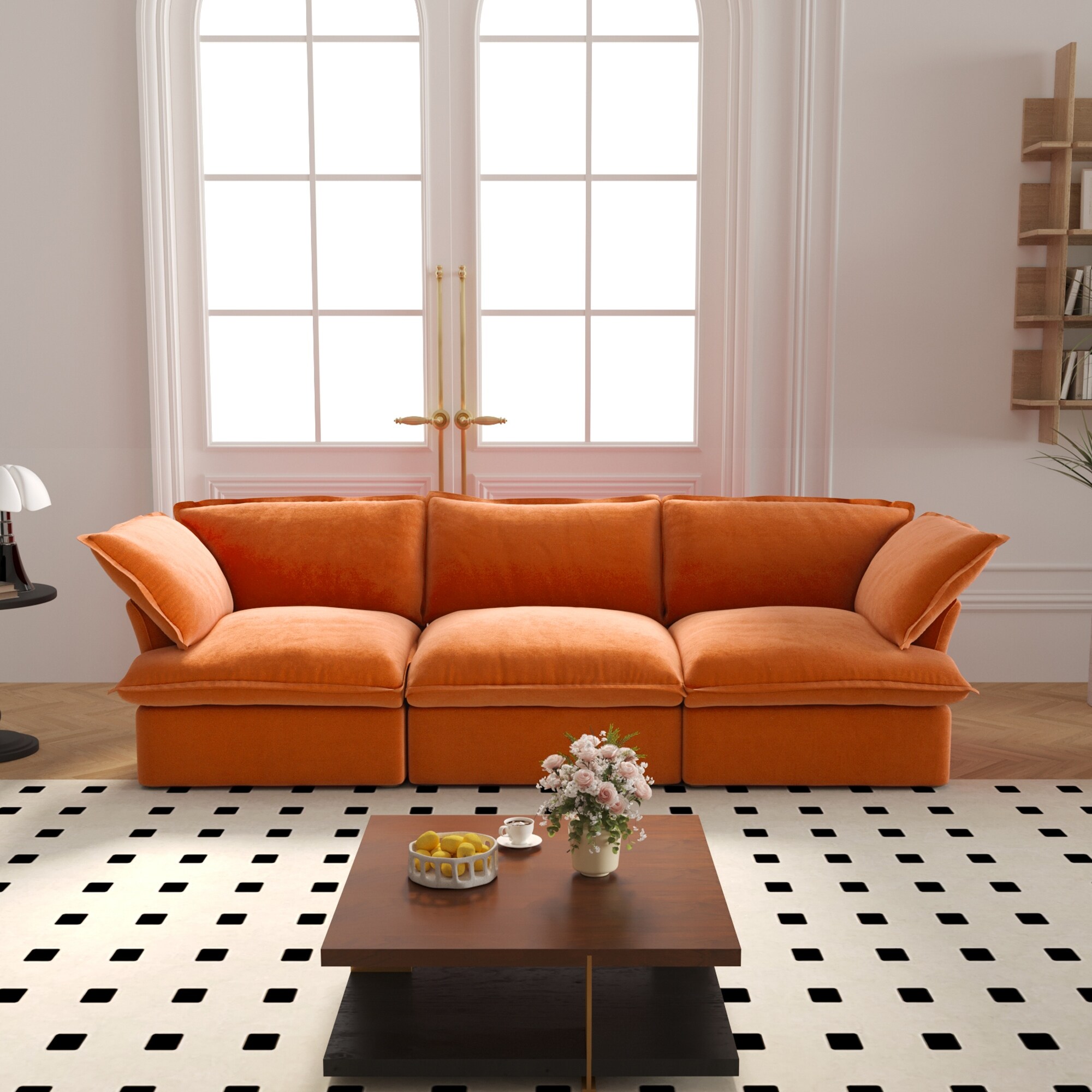 3 Seater Velvet Cloud Sectional Sofa Down Feather Wide Deep Seat Modular Couch Orange