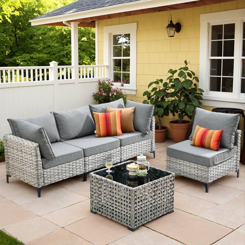 OVIOS 5 Pieces Outdoor Wicker Furniture Set With Solar-Powered Coffee Table - Deep Gray