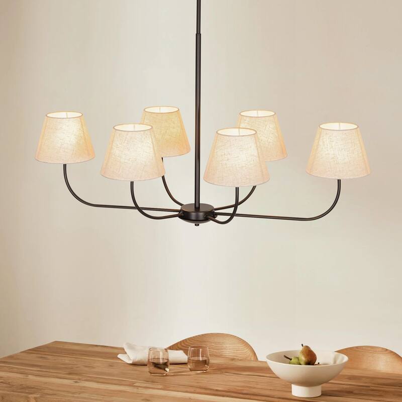 39.37 in. 6-Light Modern Farmhouse Sputnik Black Linear Chandelier with Linen Fabric Shades