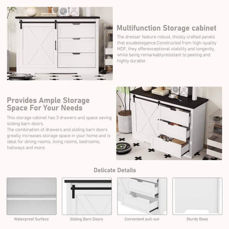 Storage Cabinet with Silent Sliding Doors and Three Drawers - White+Black
