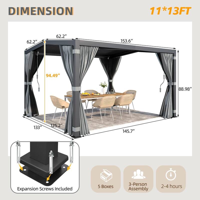 EROMMY Outdoor Louvered Pergola Gazebo with Adjustable Aluminum Rainproof Roof and Pull-Down Screen
