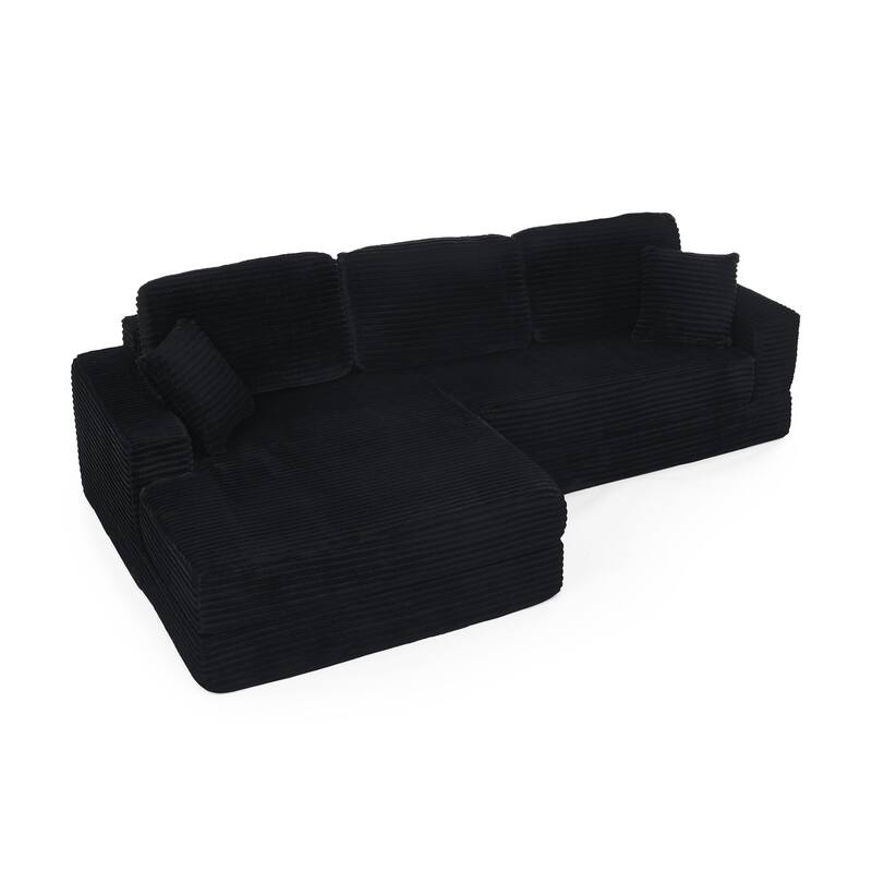 Modern Corduroy L-shaped Sectional Sofa with Chaise Expanded into Queen Size Floor Bed Comfy Compressed Sofa Couch