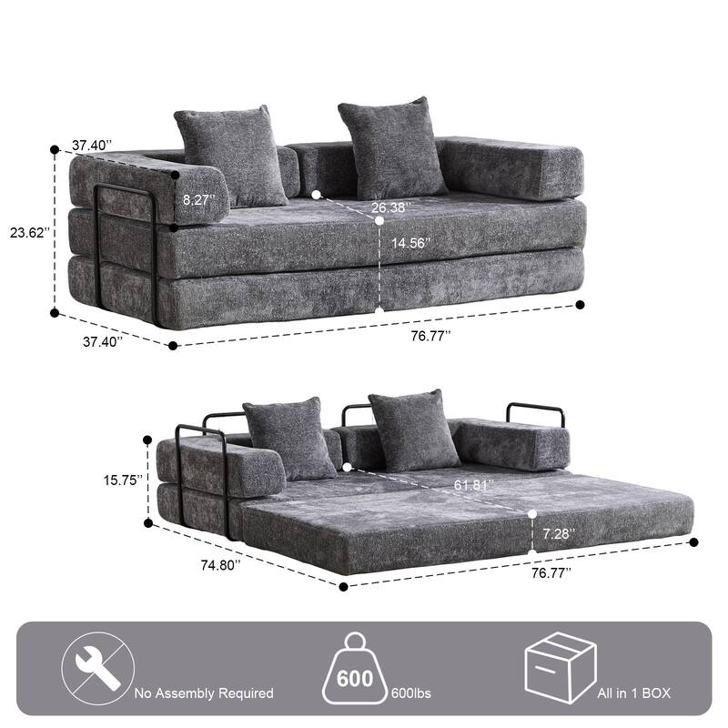 Chenille Floor Sleeper Sofa Bed Foldable Loveseat Couch Futon Sofa with Removable L-shaped Armrest and Movable Iron Frame