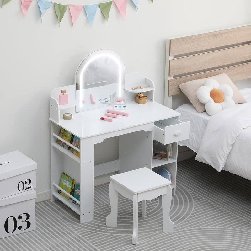 Kids Vanity Set with Lighted Mirror and Stool, 2-in-1 Makeup Tabl, for Girls Ages 3–9