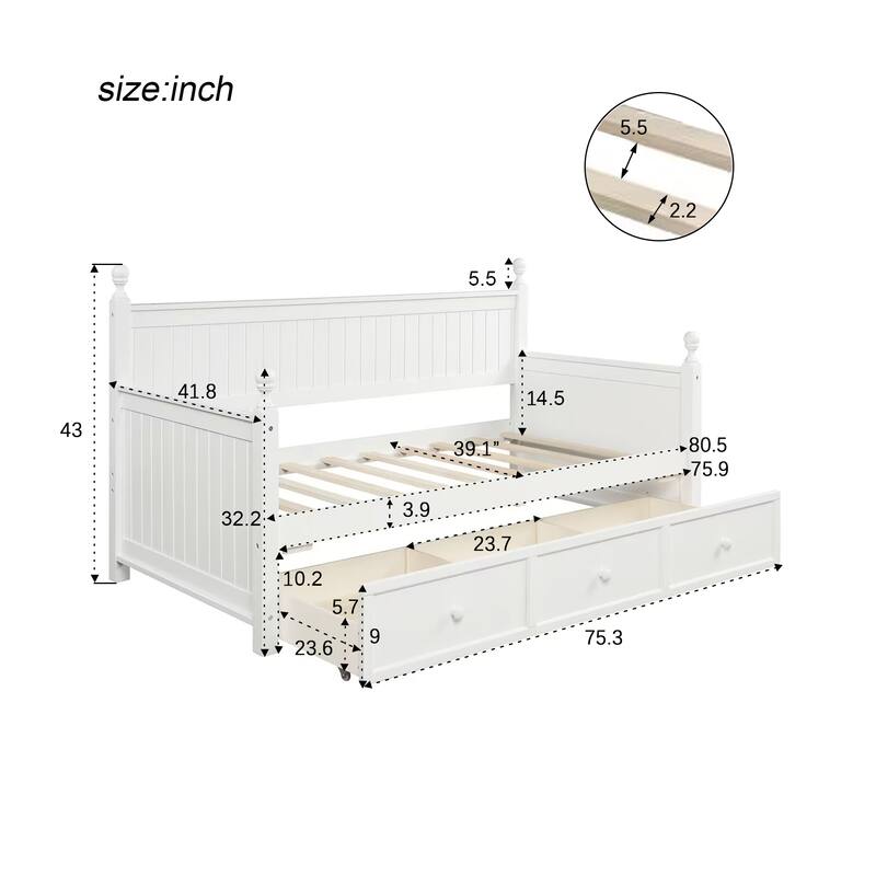 Twin Size Daybed with Three Drawers, No Box Spring Needed, White