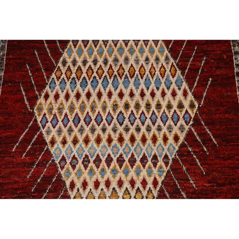 Hand Knotted Oriental 100% Wool Carpet Modern Tribal Red Moroccan Area Rug - 10' 3'' X 6' 7''