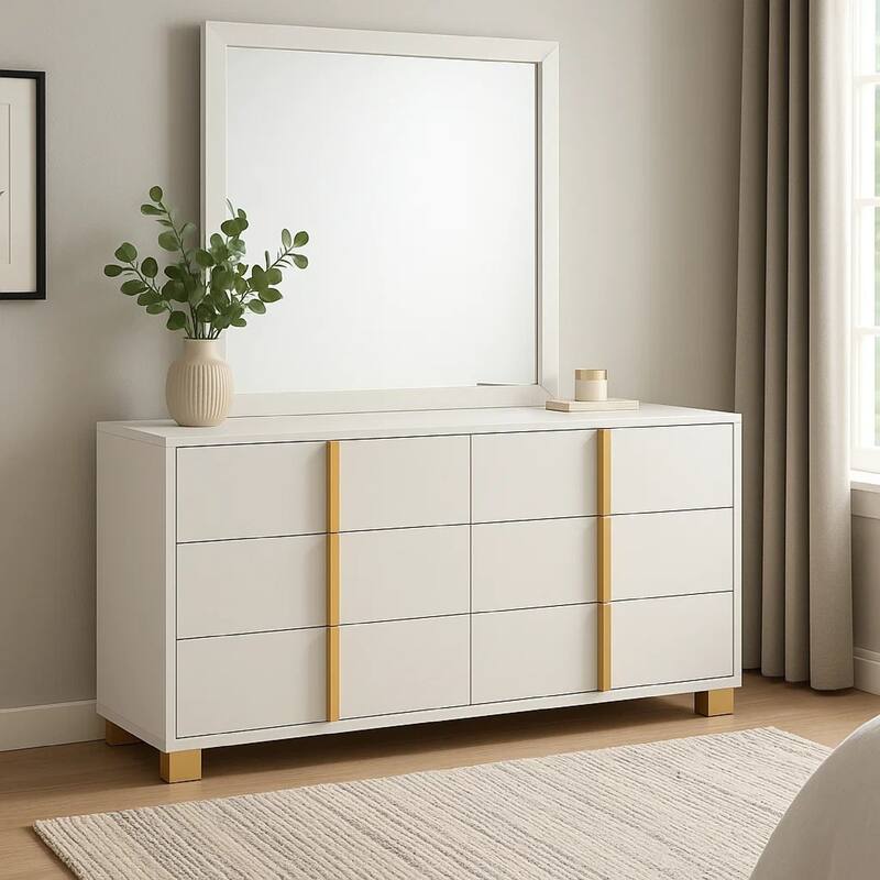 Dex Wide 6 Drawer Dresser with Mirror, Contemporary Gold Metal, White