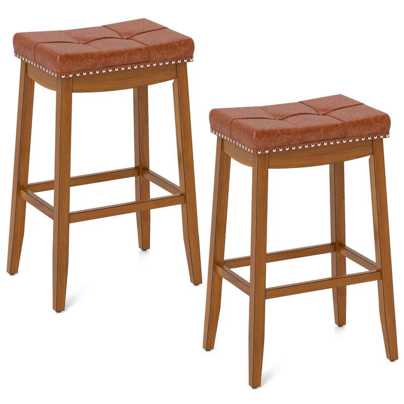2/4PCS Saddle Bar Stools Mid-Century Wood Backless Bar Chairs - Set of 2 - Bar Height