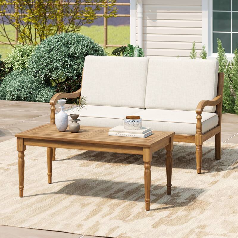 Roomfitters Outdoor Chat Set 2 Piece Acacia Wood Loveseat Coffee Table Waterproof Cushions, Natural Beige