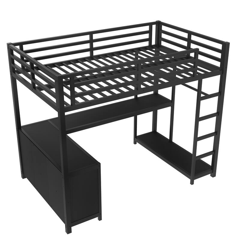 Twin/Twin XL Metal Loft Bed with Wardrobe & L-Shaped Desk - Loft Bed with Storage Cubes & Shelves for Teens, Adults