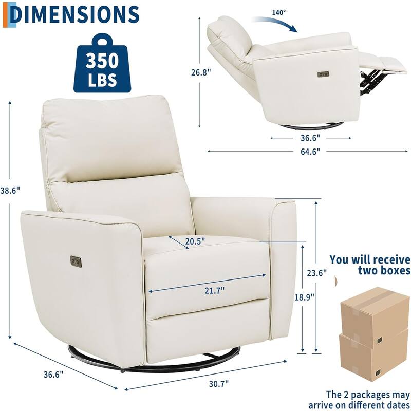 Power Recliner Swivel Chair Rockery Glider PU Leather Nursery Chair with USB Port