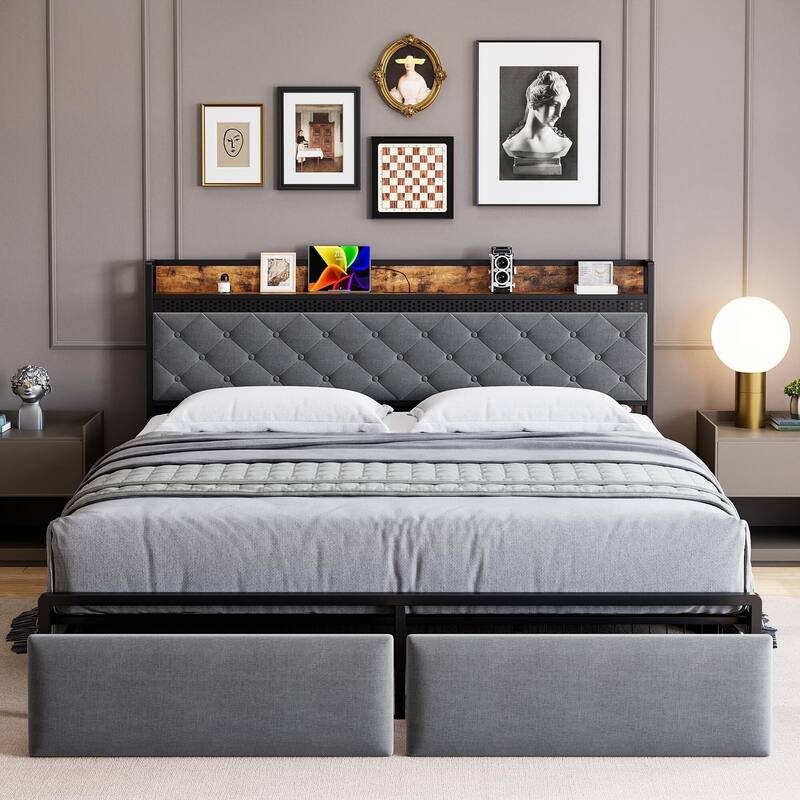 Bed Frame with Storage Headboard and 2 Drawers LED Lights - Grey - Queen