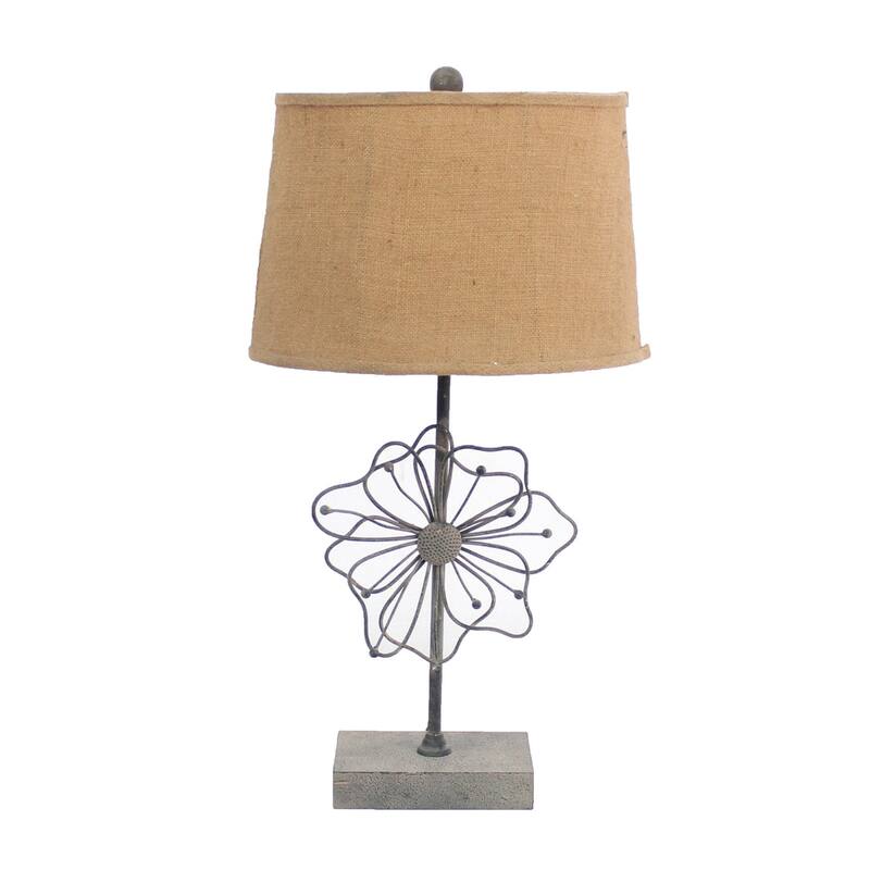 Modern Grey Table Lamp with Khaki Fabric Drum Shade - 11” x 15” x 27.75”