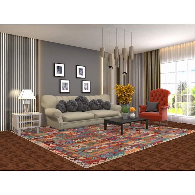 Colorful Geometric Kilim Oriental Area Rug Hand-Woven Wool Carpet - 8'5" x 9'6"